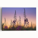 Stretched canvas art featuring a vibrant fireweed botanical design, showcasing delicate pink flowers against a subtle green background, perfect for home decor.