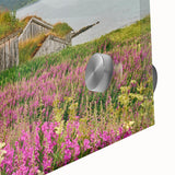 Close-up of vibrant fireweed botanical wall art design on acrylic glass, showcasing intricate floral details and rich colors, perfect for home decor enhancement.