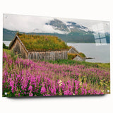 Side view of a botanical wall art piece featuring vibrant fireweed flowers, displayed with pins on a sleek acrylic glass background, perfect for home decor.