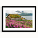 Framed botanical wall art featuring vibrant fireweed flowers, set in a sleek black frame with a mat, perfect for home decor and nature enthusiasts. Ideal for brightening living spaces.