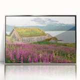 Framed wall art showcasing a vibrant botanical design of fireweed flowers, set in an elegant silver frame, perfect for enhancing home decor with a natural touch.