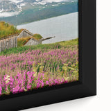 Close-up of a framed canvas featuring vibrant fireweed botanical artwork, showcasing intricate details and rich colors, perfect for home decor enhancement.
