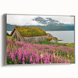 Framed wall art displaying a botanical design of vibrant fireweed flowers on a silver background, showcasing intricate details and modern decor style.