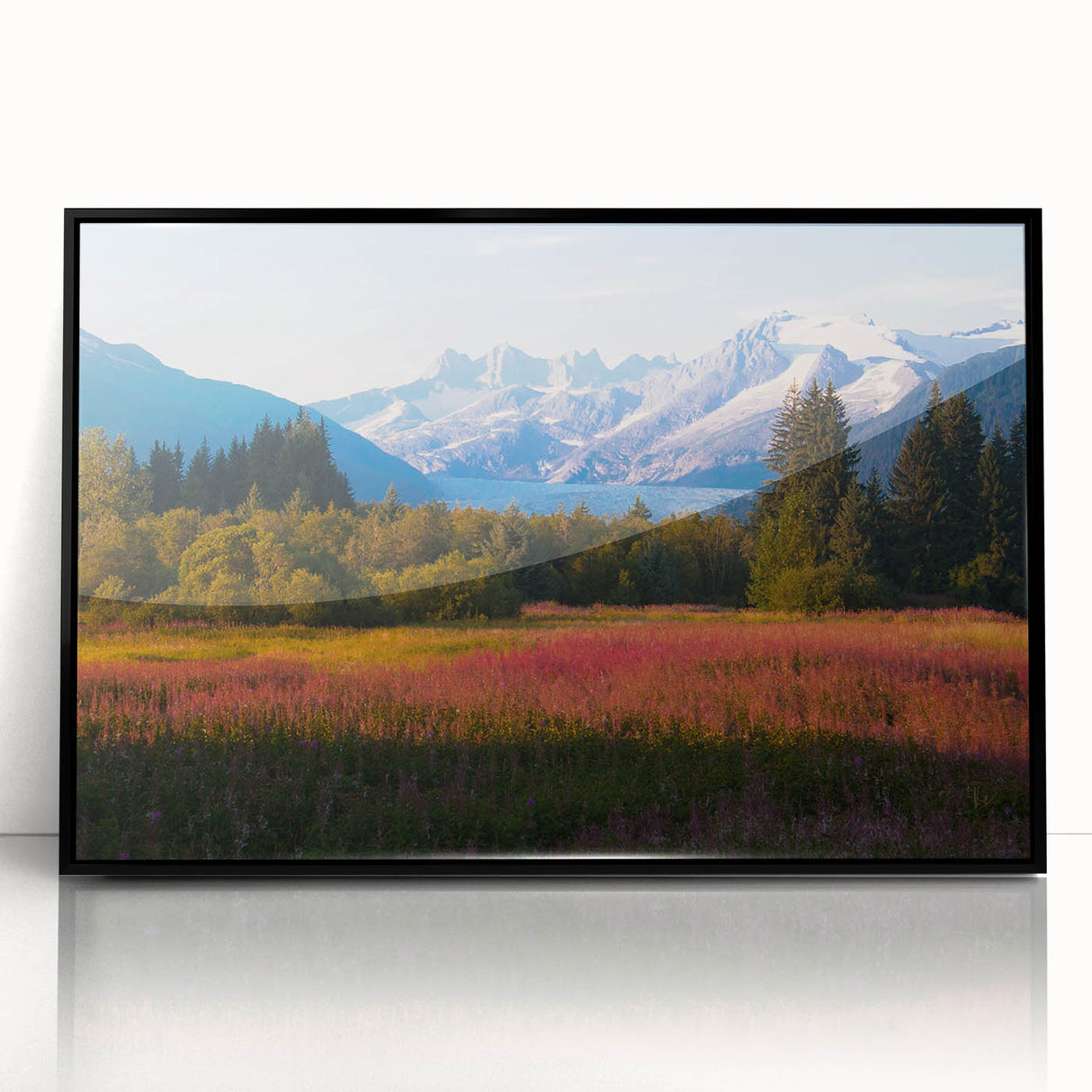 Framed wall art showcasing a botanical fireweed design with vibrant pink and green hues, set in a sleek black frame, ideal for modern home decor.