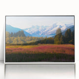 Framed acrylic wall art featuring a vibrant botanical design of fireweed flowers, showcasing delicate pink petals and green foliage against a sleek white background, perfect for home decor.