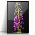 Framed acrylic wall art featuring a botanical fireweed design in vibrant colors, showcased in a sleek black frame, perfect for enhancing modern decor.
