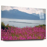 Side view of a botanical wall art collection featuring vibrant fireweed design printed on acrylic glass, secured with pins, showcasing rich colors and intricate details.