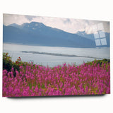 Acrylic glass wall art showcasing a vibrant botanical fireweed design, side view highlighting the glossy finish and sleek edges, perfect for modern decor.