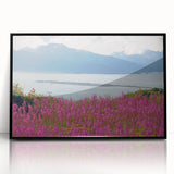 Framed wall art featuring a vibrant fireweed botanical design, set in a sleek black frame with acrylic glass, perfect for modern home decor and accent walls.