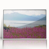 Framed acrylic wall art featuring a vibrant botanical design of fireweed flowers set against a white background, perfect for home decor enthusiasts. This piece adds a touch of nature-inspired elegance to any living space.