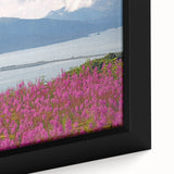 Close-up of a framed canvas wall art featuring vibrant fireweed flowers in intricate botanical design, showcasing rich colors and detailed textures, perfect for home decor.