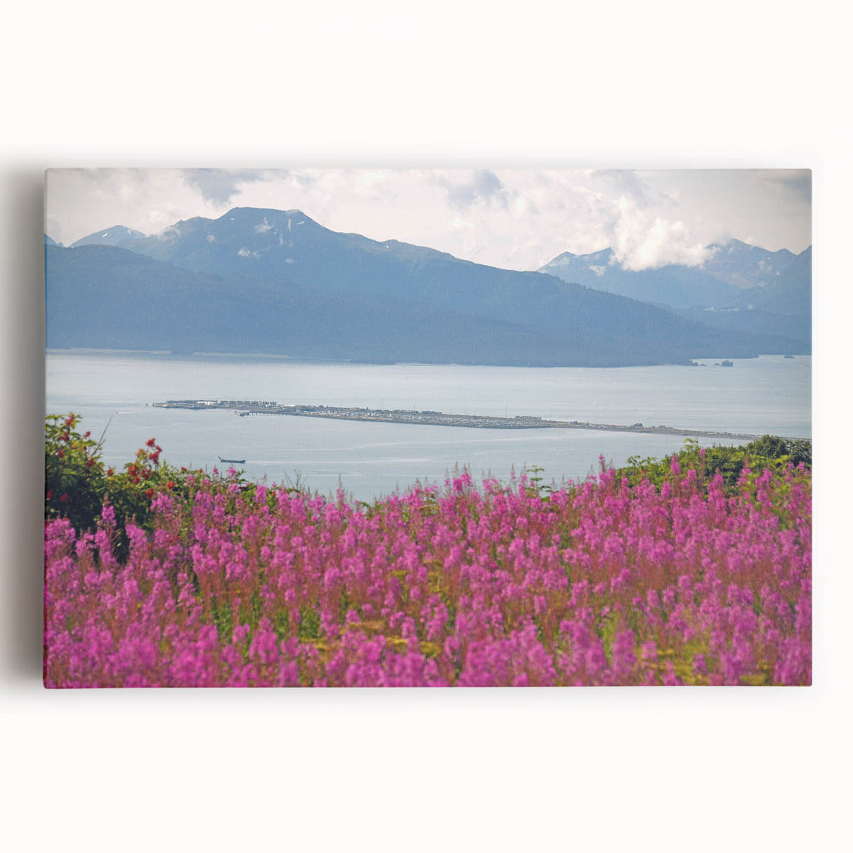 Stretched canvas wall art featuring a vibrant fireweed botanical design with rich colors and intricate details, perfect for enhancing home decor aesthetics.
