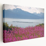 Stretched canvas wall art featuring vibrant fireweed botanical design, showcasing rich colors and intricate details, ideal for home decor and nature lovers.