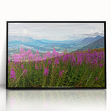 Framed wall art featuring a botanical fireweed design in vibrant colors, showcased in a sleek black frame, ideal for enhancing modern home decor.