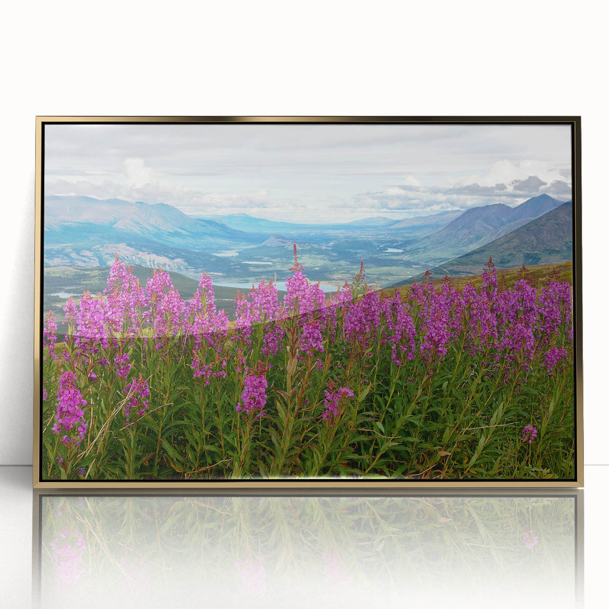 Framed wall art featuring a botanical design of vibrant fireweed against a gold-acrylic background, perfect for adding a touch of nature-inspired elegance to home decor.