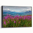 Framed canvas wall art showcasing a vibrant botanical fireweed design, featuring intricate floral details and a sleek black frame, perfect for home decor.