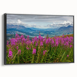Framed canvas wall art showcasing a vibrant botanical fireweed design, featuring intricate floral details and a sleek black frame, perfect for home decor.