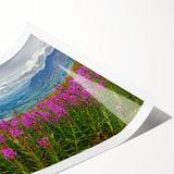 Botanical wall art print featuring vibrant fireweed flowers in shades of pink and green, elegantly rolled for easy framing and display. Ideal for nature enthusiasts.