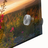 Close-up of vibrant fireweed botanical wall art design printed on acrylic glass, showcasing intricate details and textures in shades of pink and green, perfect for home decor.