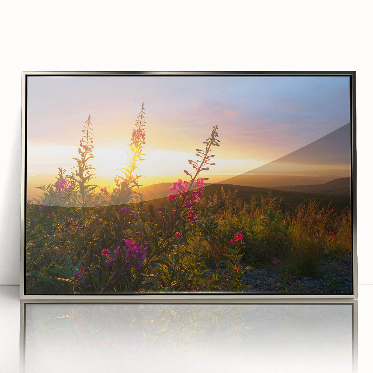 Framed botanical wall art featuring a vibrant fireweed design with silver accents, showcasing intricate details and a contemporary aesthetic, ideal for home decor.