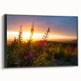 Framed canvas wall art featuring a botanical fireweed design in vibrant colors, showcasing a black frame with a side view perspective, perfect for home décor.