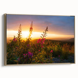 Framed wall art showcasing a botanical fireweed design on canvas, featuring vibrant colors with a gold frame, adding elegance to any decor.