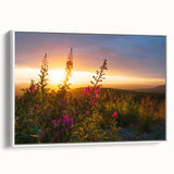 Framed canvas wall art showcasing a vibrant fireweed botanical design against a white backdrop, highlighting intricate floral details and a modern aesthetic. Perfect for adding a touch of nature-inspired decor to any space.