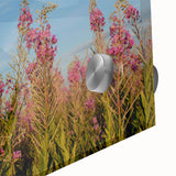 Close-up view of vibrant fireweed botanical design wall art collection, showcasing intricate floral details and colors on acrylic glass, suitable for home decor.
