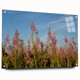 Vibrant fireweed botanical wall art collection displayed in a sleek acrylic glass frame, showcasing colorful floral design with decorative pins, perfect for home decor.