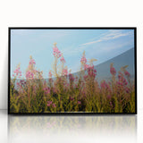 Framed acrylic wall art featuring a vibrant botanical fireweed design in black frame, showcasing intricate floral details and colors, perfect for home decor.