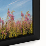 Close-up of a beautifully framed botanical wall art design featuring vibrant fireweed flowers in shades of pink and green, perfect for adding a natural touch to home decor.
