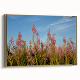 Framed botanical wall art featuring vibrant fireweed flowers in gold tones, showcasing intricate details and textures, ideal for home decor or gallery display.