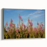 Framed canvas wall art showcasing a botanical fireweed design, featuring vibrant colors and intricate details, set in a sleek silver frame, ideal for home decor.