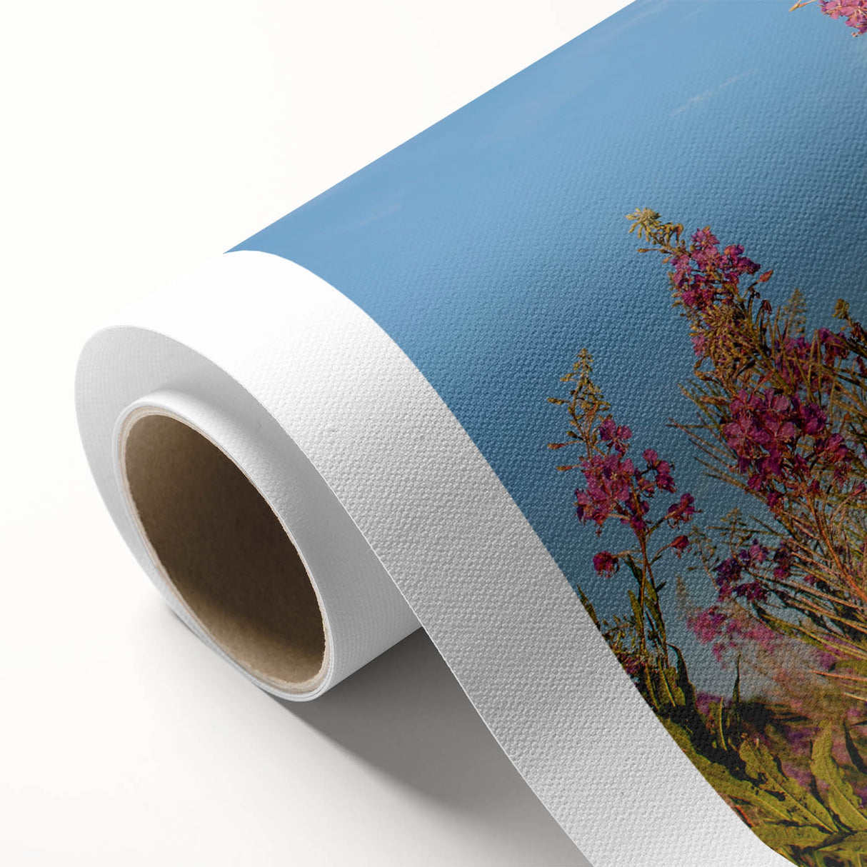 Vibrant botanical wall art featuring a fireweed design on rolled canvas, showcasing intricate details and rich colors, ideal for home decor enthusiasts.