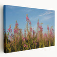 Stretched canvas wall art showcasing a vibrant fireweed botanical design, featuring vivid pink and green hues, perfect for home decor enhancement.
