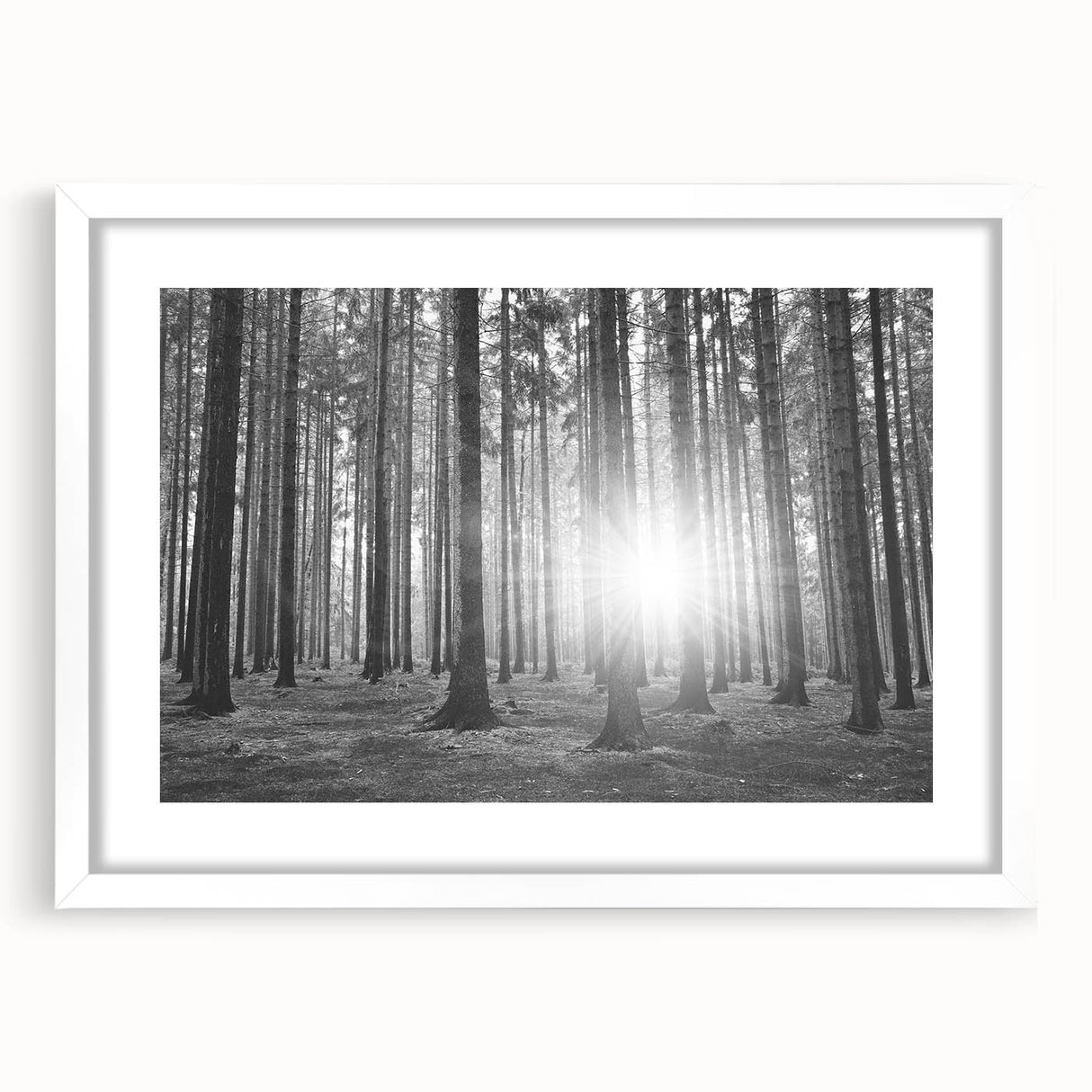 Botanical forest-themed wall art featuring vibrant green trees and floral designs, framed with a white mat for an elegant display, perfect for nature-inspired decor.