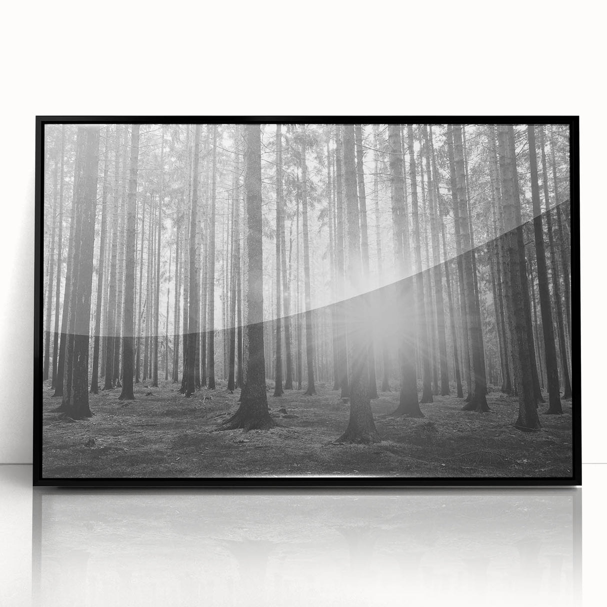 Framed wall art featuring a botanical forest design with vibrant flowers and trees, set in a sleek black frame, perfect for nature-inspired decor.