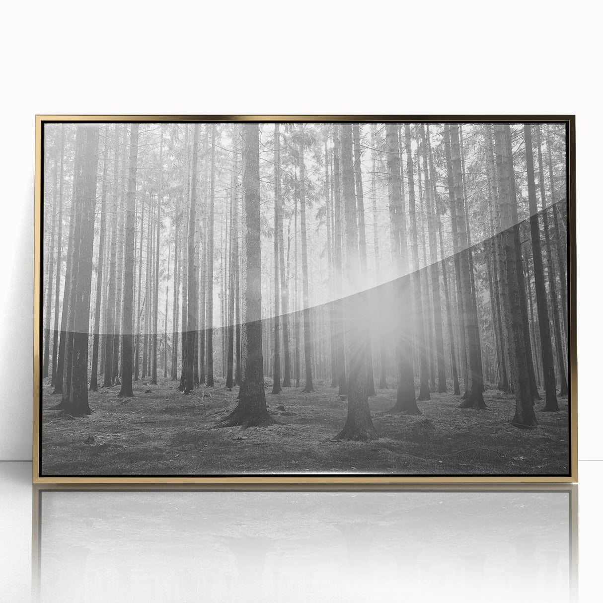 Framed wall art featuring a botanical forest design with vibrant flowers and trees, elegantly showcased in a gold-acrylic frame, ideal for nature enthusiasts.