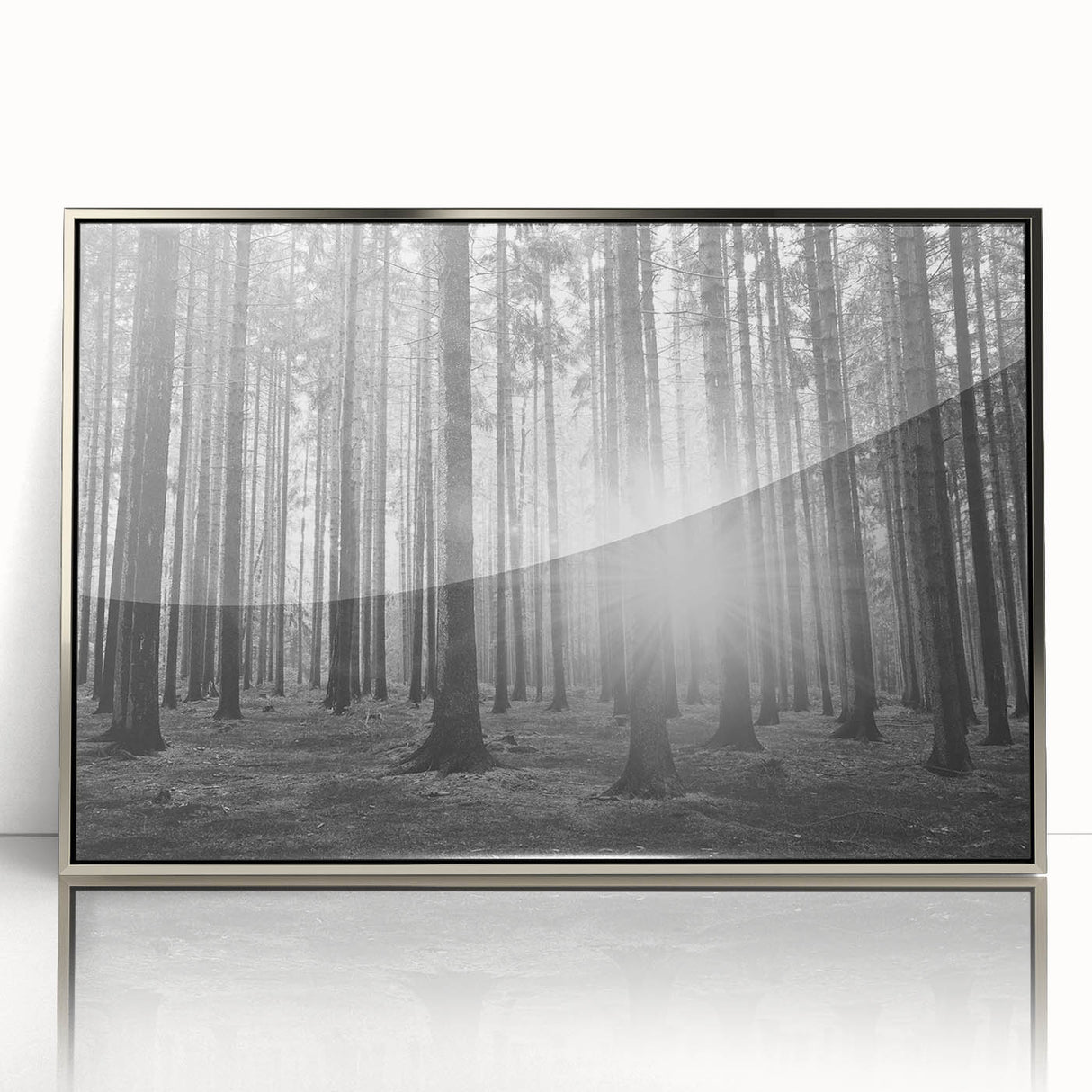 Framed wall art featuring a botanical forest design with vibrant flowers and trees, set in a sleek silver frame, perfect for enhancing any modern decor.