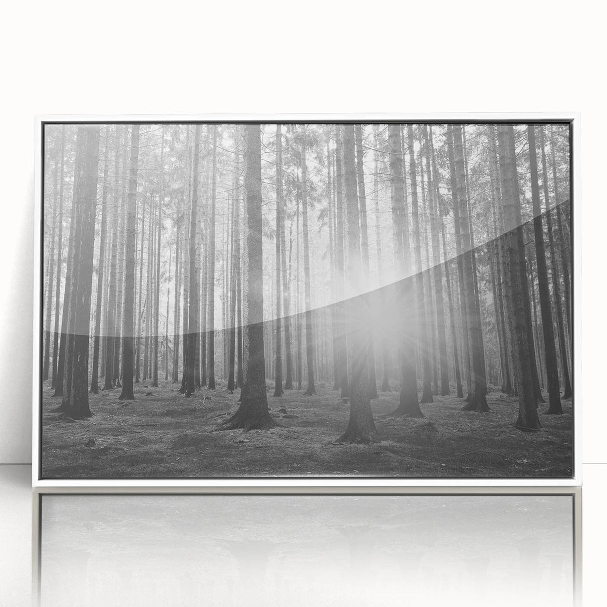 Framed wall art featuring a botanical forest design with colorful flowers and trees, presented in a sleek white frame, ideal for home decor enhancement.