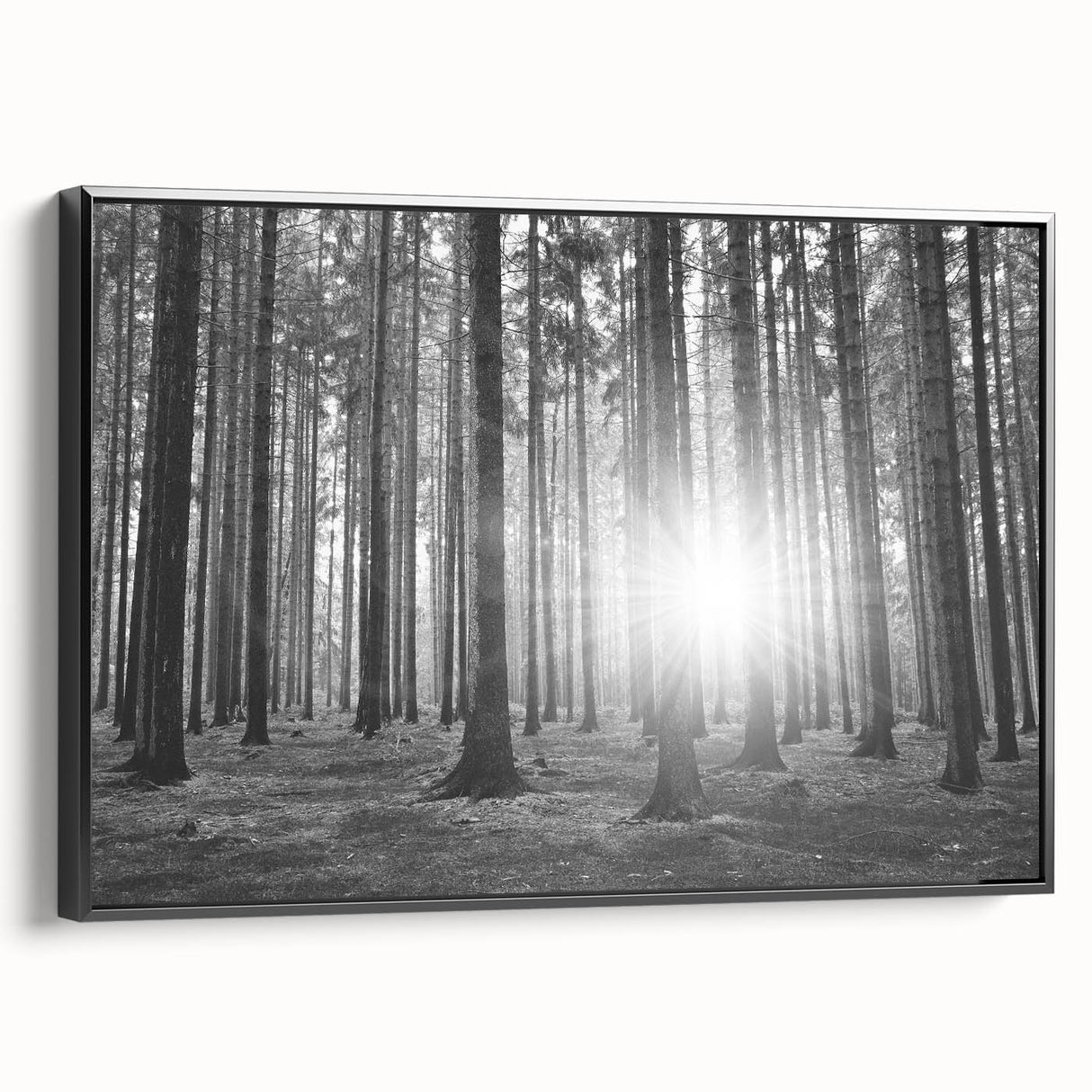 Framed wall art featuring a botanical forest design with vibrant flowers and trees, showcased in a sleek black frame, ideal for enhancing home decor.