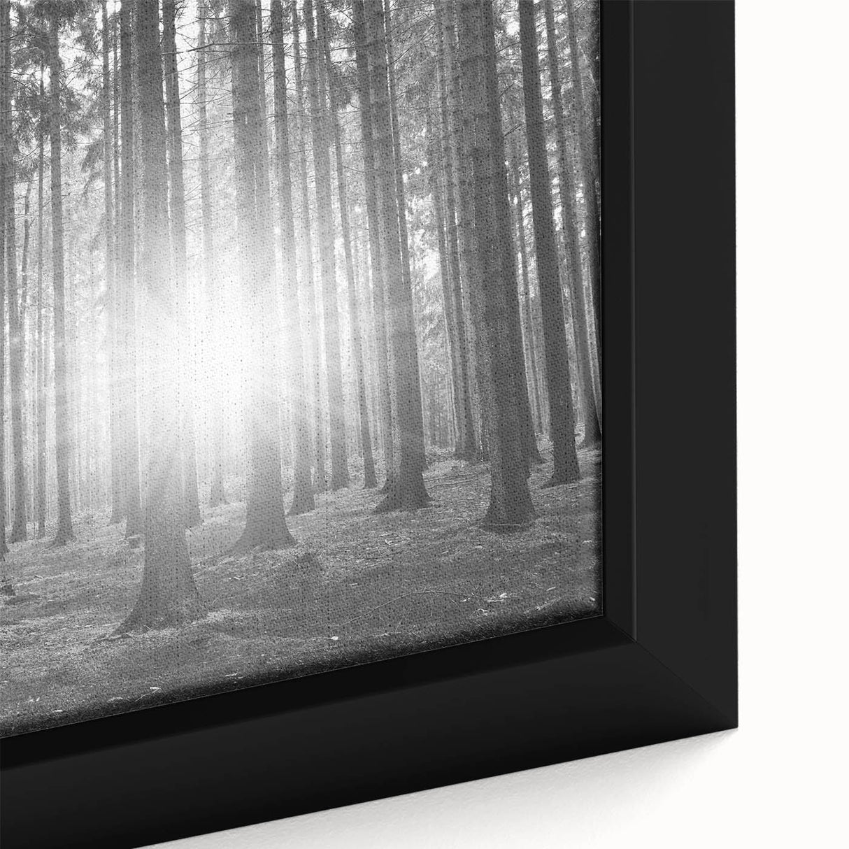 Close-up of a framed canvas wall art featuring a botanical forest design with vibrant flowers and intricate tree details, perfect for nature-themed decor.