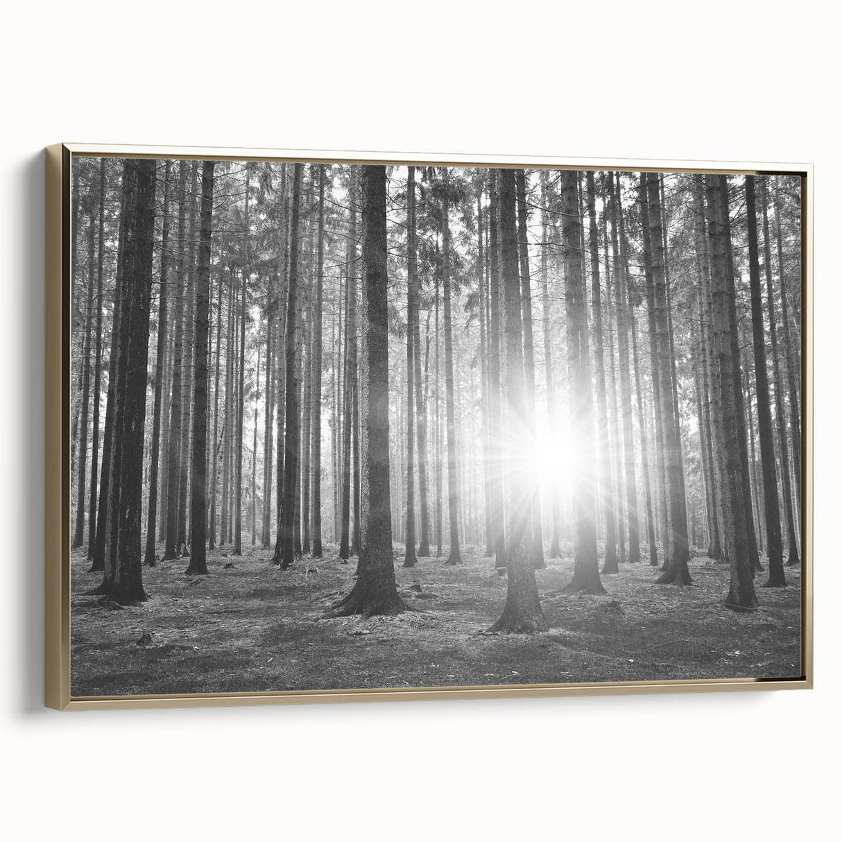 Framed wall art featuring a botanical forest design with vibrant flowers and trees, set against a gold frame, showcasing an elegant side view. Ideal for home decor.