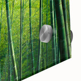 Close-up of a vibrant botanical wall art design showcasing intricate flowers and forest trees, printed on acrylic glass for a modern aesthetic, ideal for home decor. This piece adds a touch of nature-inspired elegance to any interior space.