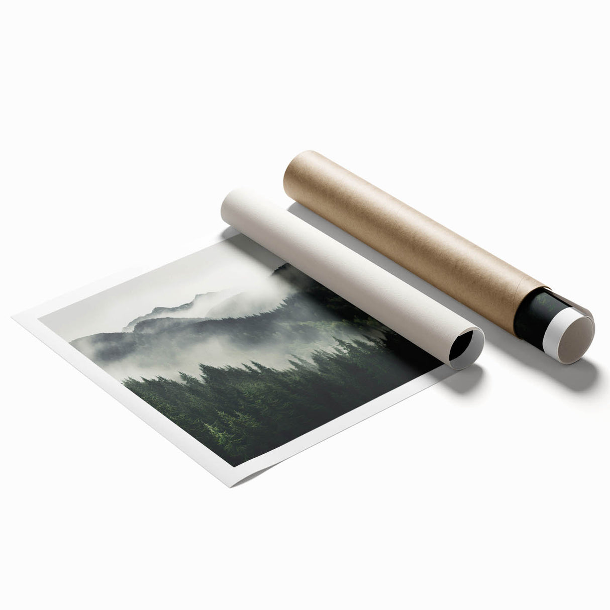 Botanical wall art print showcasing vibrant flowers and lush trees in a forest design, rolled and ready for display, perfect for home decor enthusiasts.
