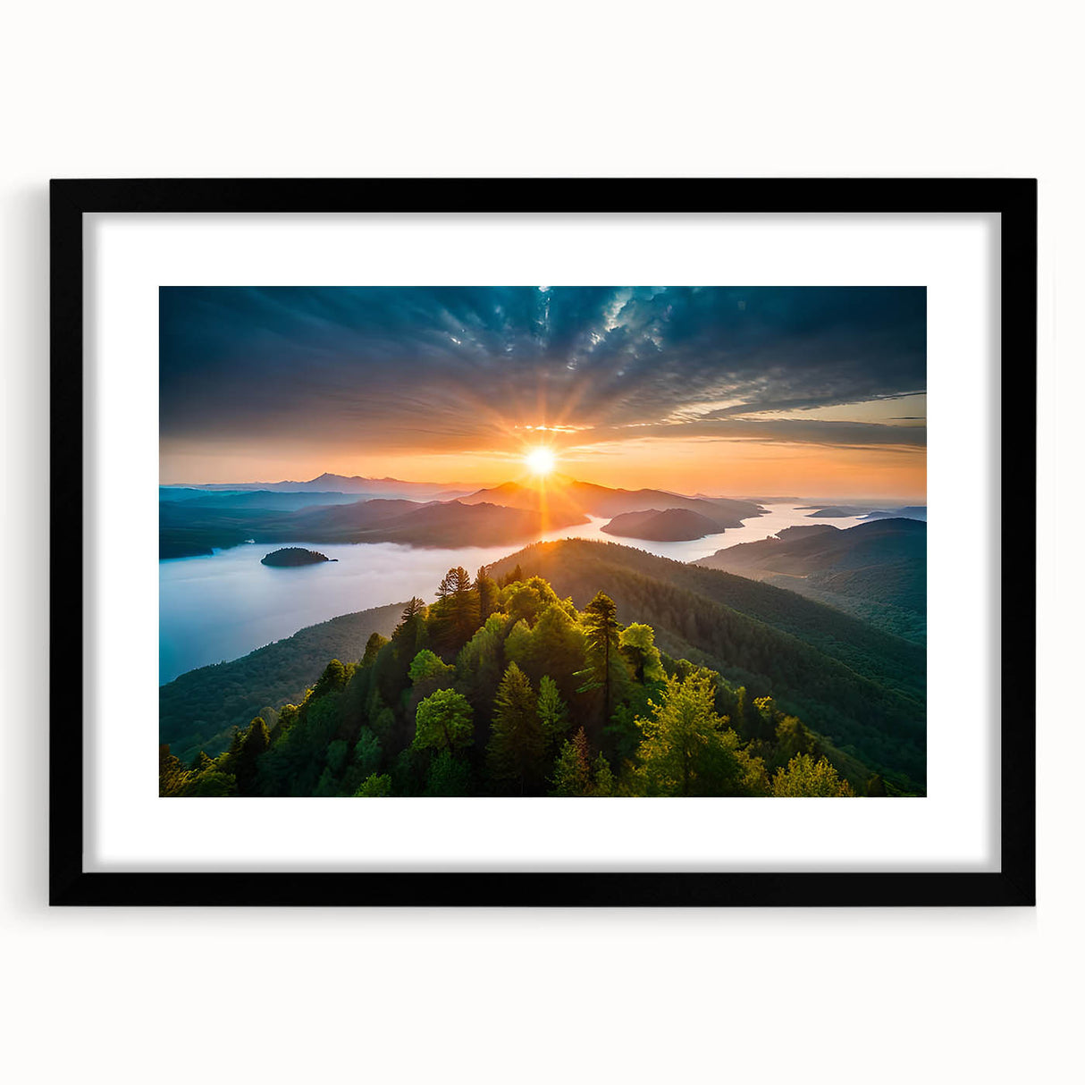 Botanical forest wall art featuring intricate floral designs and trees in a black frame with matting, perfect for enhancing home decor or office spaces.