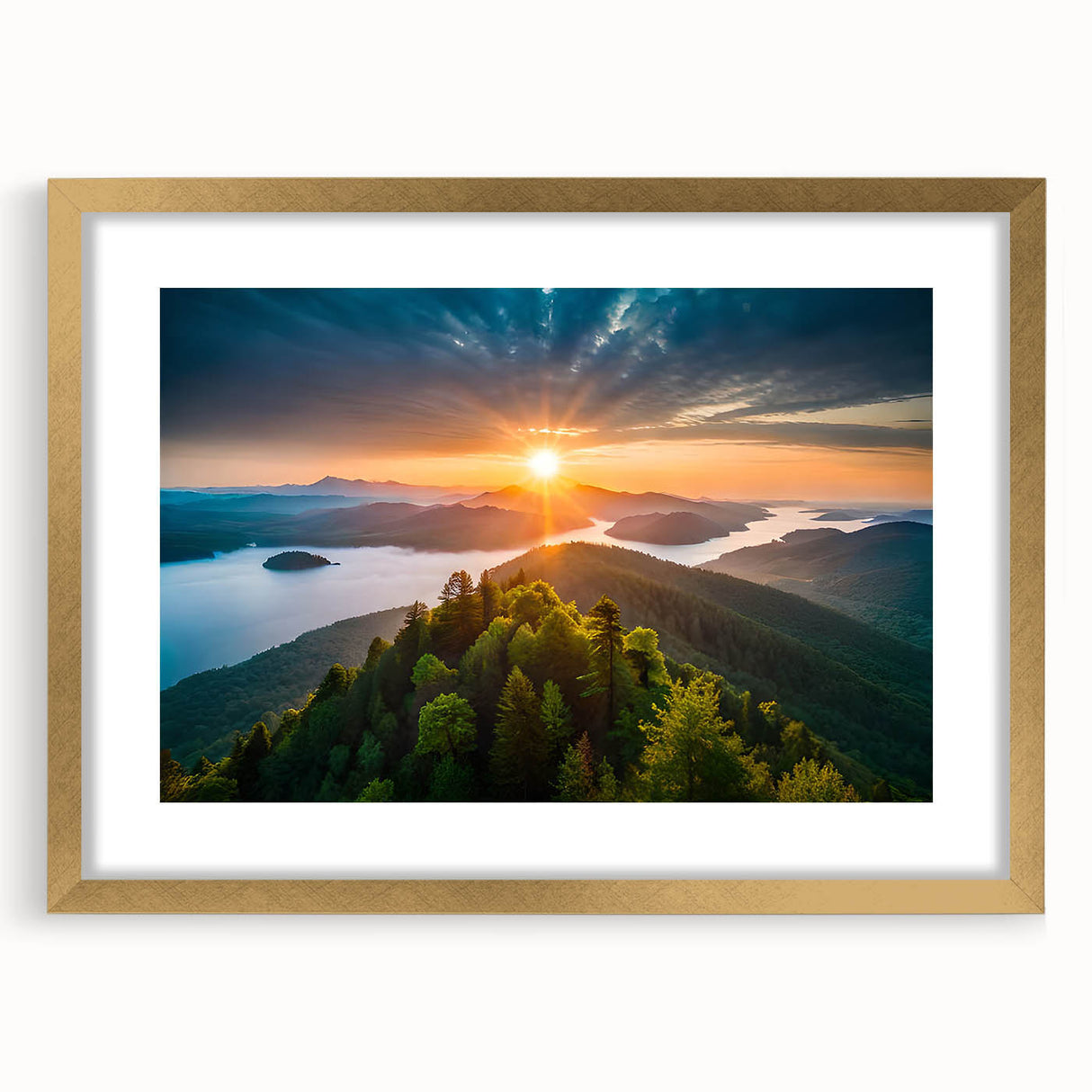 Framed botanical wall art showcasing a vibrant forest of flowers and trees, featuring a gold mat and elegant design, perfect for home decor.