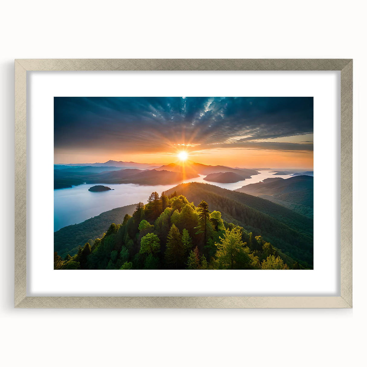 Botanical forest wall art design showcasing vibrant flowers and trees in a sleek silver frame with matting, perfect for home decor and nature enthusiasts.