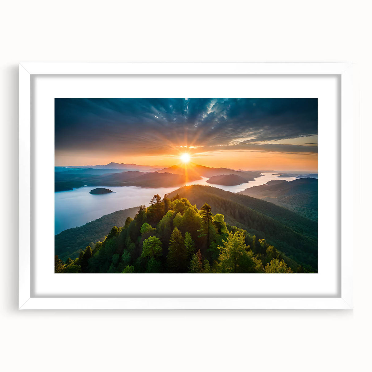 Botanical forest-themed wall art featuring vibrant flowers and trees, framed with a white mat for an elegant display. Perfect for nature-inspired decor.