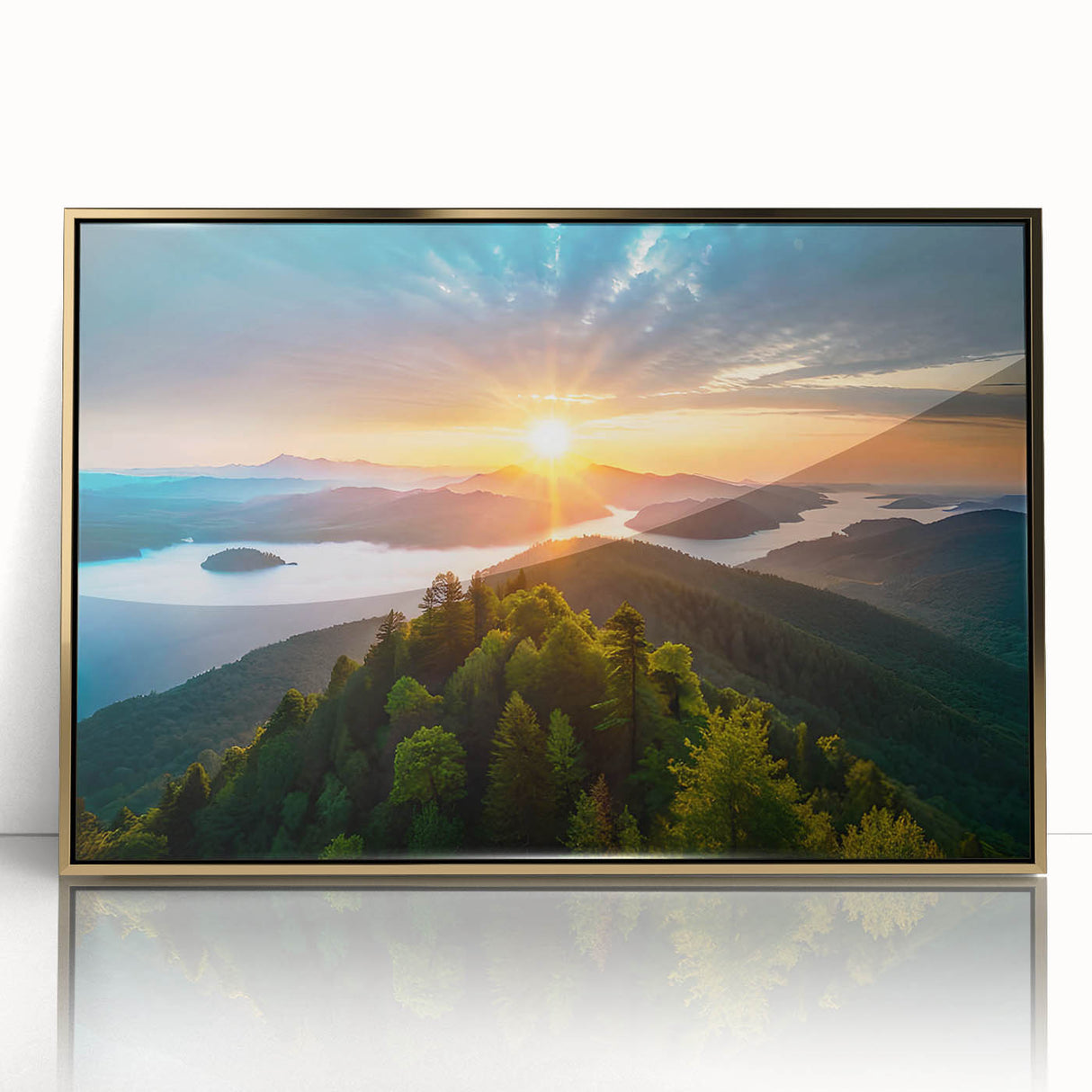 Framed wall art featuring a vibrant botanical design of flowers and trees in a forest setting, accented with a luxurious gold frame, ideal for home decor.